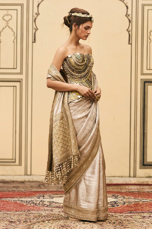 Gulnaar Tissue Brocade Metal Saree Set
