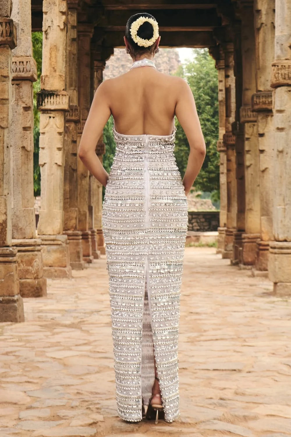 silver stone dress Silver Rhinestone Dress with Side Slit S