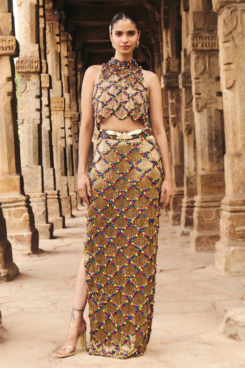 Kumu Gold Lattice Crop Top and Skirt