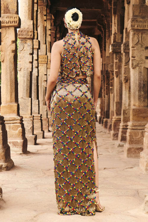 Kumu Gold Lattice Crop Top and Skirt