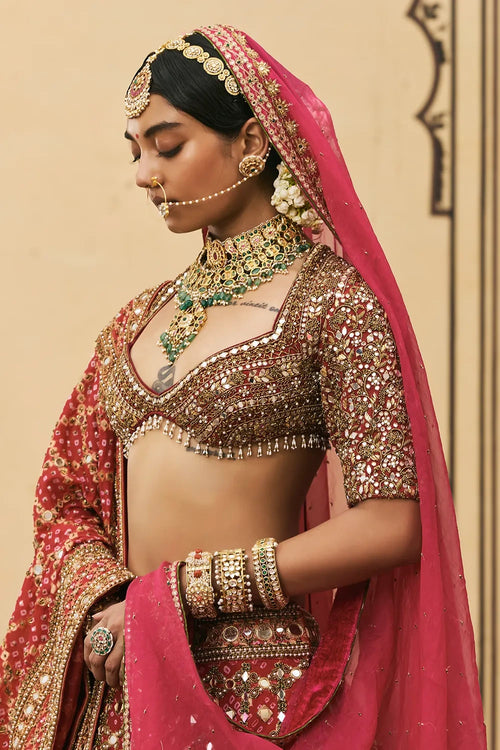 Gulabi Bandhej Georgette Lehenga Set