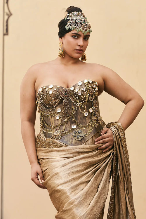 Puratan Tissue Brocade Metal Corset Saree Set