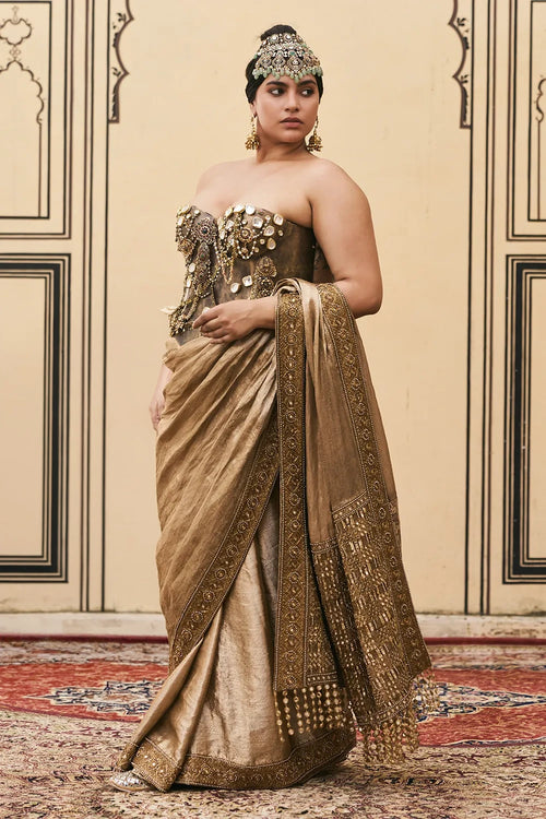 Puratan Tissue Brocade Metal Corset Saree Set