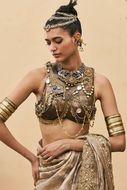 Dhoomra Tissue Brocade Metal Saree Set