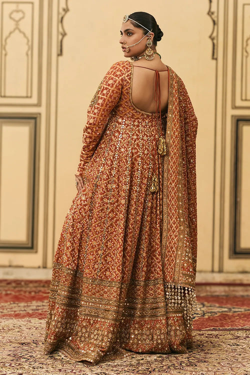 Rust Bandhani Anarkali Set