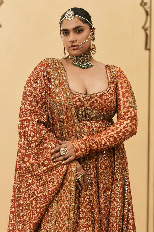 Rust Bandhani Anarkali Set