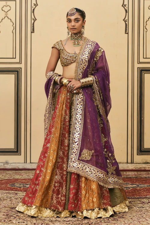 Chitrali Brocade Phulkari Lehenga Set With Organza Dupatta
