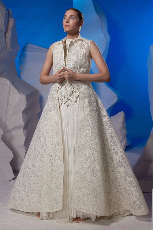 Ivory Cotton Silk Dress with Sculpted Jacket