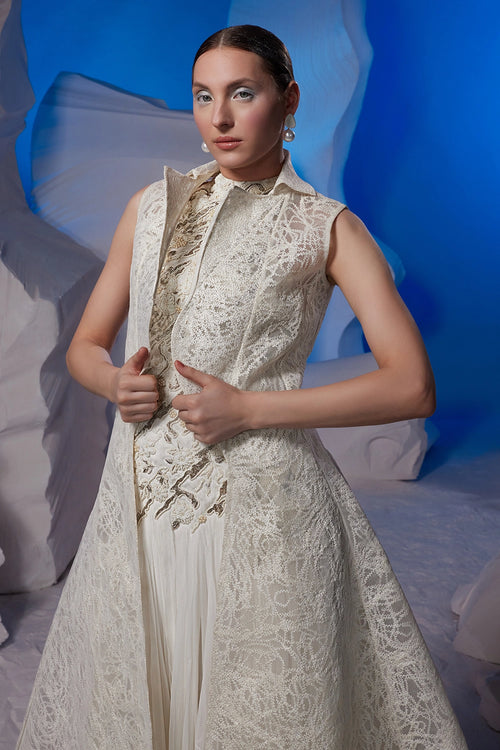 Ivory Cotton Silk Dress with Sculpted Jacket