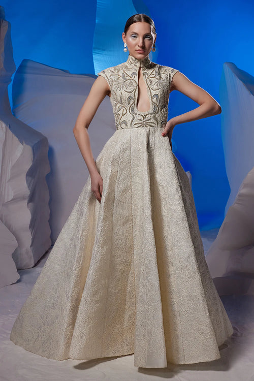 Off-White Cotton Silk Sculpted Gown