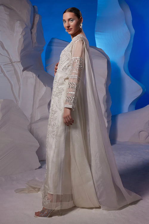 Ivory Organza Silk Embroidered Kurta