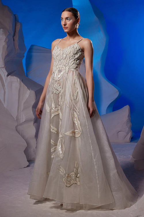 Ivory Organza Silk Strappy Gown