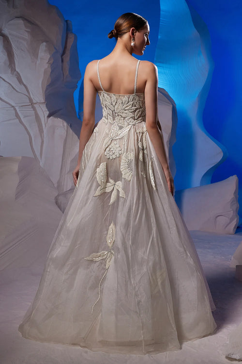 Ivory Organza Silk Strappy Gown