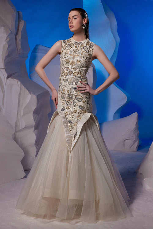 Ivory Fish Cut Cotton Silk Gown