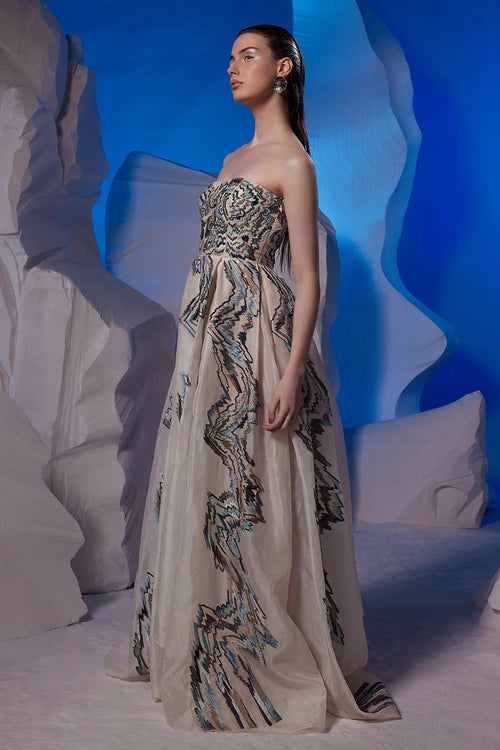 Ivory Off-Shoulder Organza Silk Gown