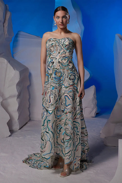 Ivory Off-Shoulder Organza Silk Gown