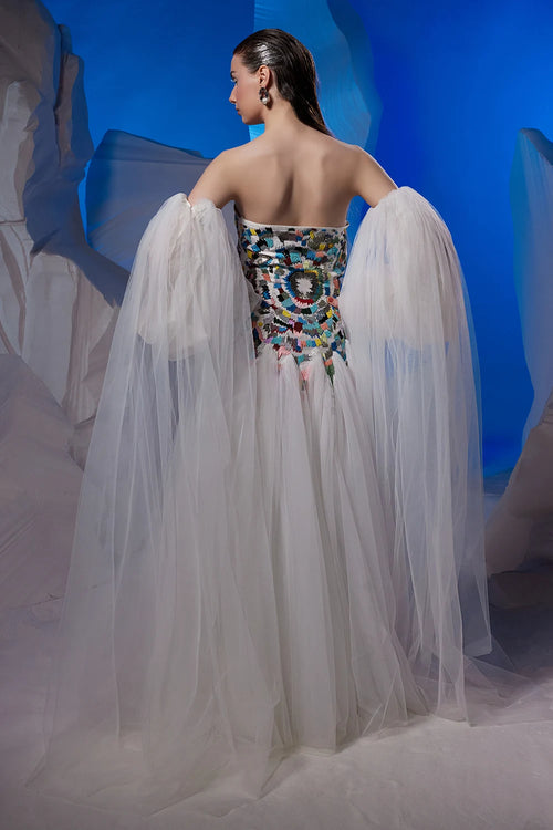 Ivory Off-Shoulder Cotton Silk Net Gown