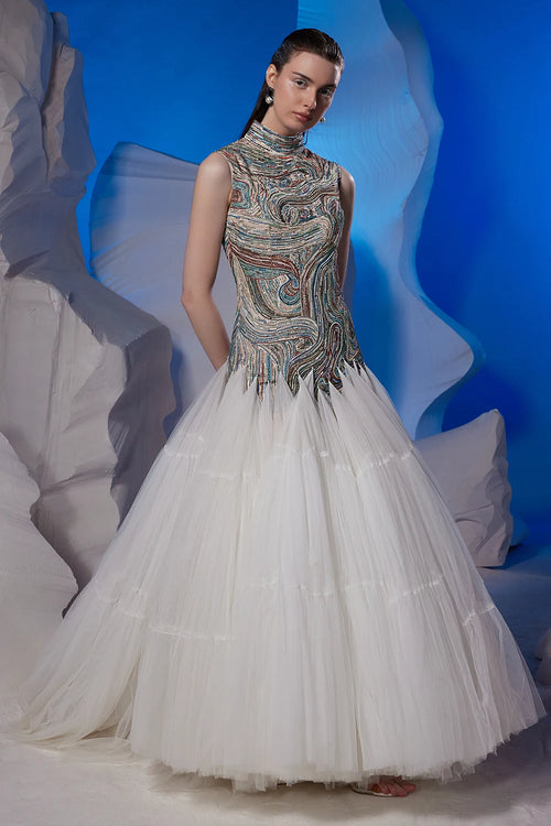 Ivory Net Cotton Sculpted Gown