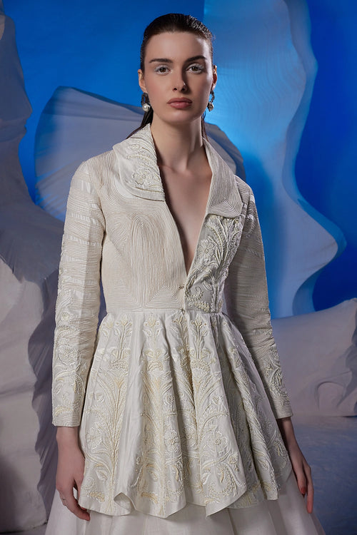 Off-White Peplum Top with Organza Skirt Set