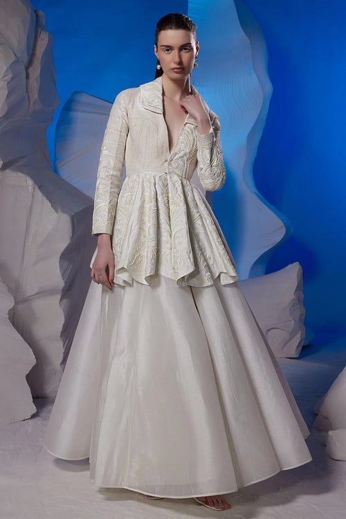 Off-White Peplum Top with Organza Skirt Set