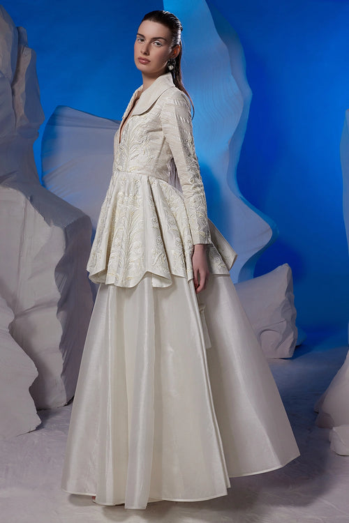 Off-White Peplum Top with Organza Skirt Set