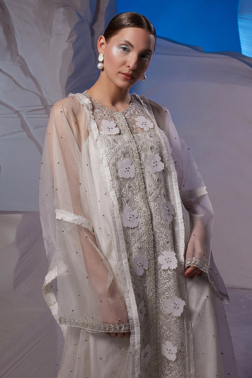 Ivory Cotton Silk And Organza Kaftan