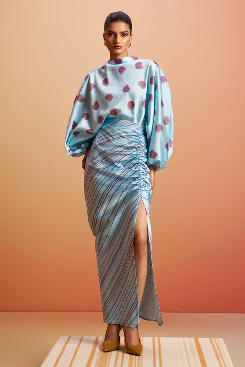 Meher Printed Raw Silk Top with Slit Skirt