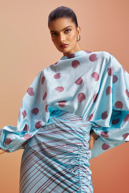 Meher Printed Raw Silk Top with Slit Skirt