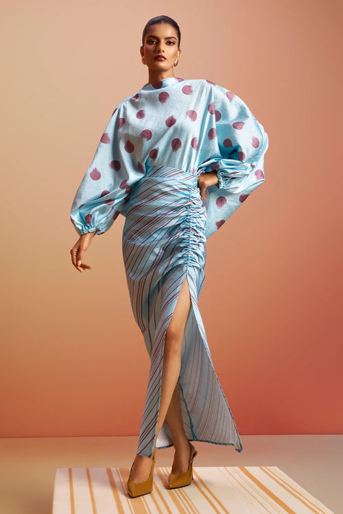 Meher Printed Raw Silk Top with Slit Skirt