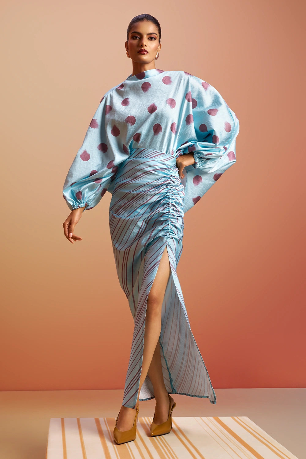 Meher Printed Raw Silk Top with Slit Skirt