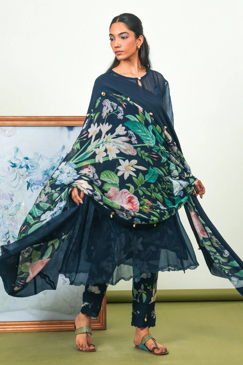 Indigo Chiffon Phiran Set