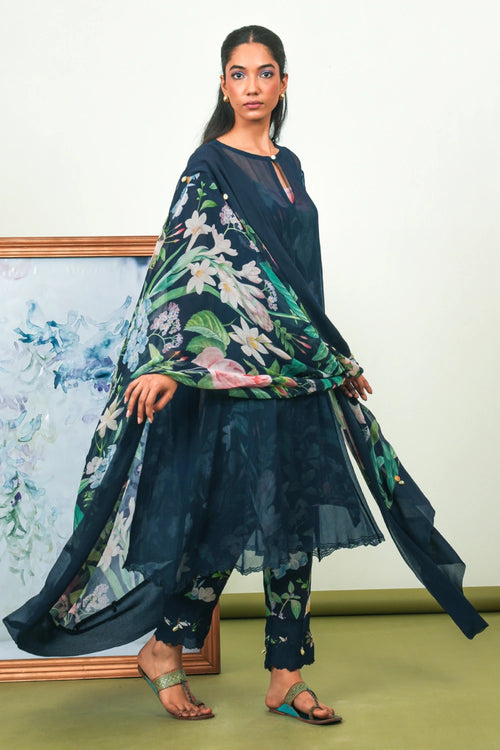 Indigo Chiffon Phiran Set
