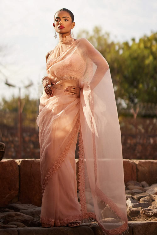 Peach Silk Organza Saree with Blouse