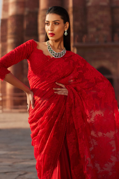 Red Silk Organza Saree with Off Shoulder Blouse