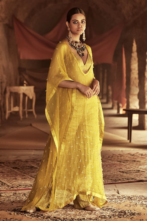 Yellow Silk Organza Kaftan Set