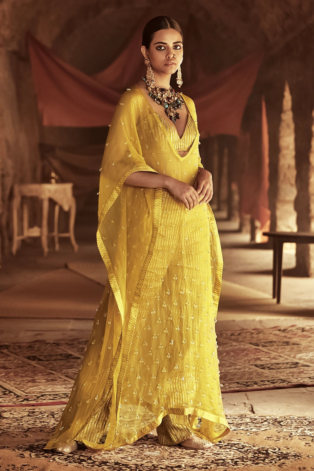 Yellow Silk Organza Kaftan Set