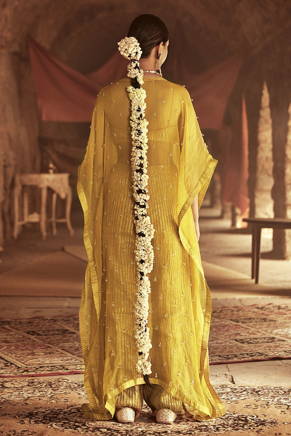 Yellow Silk Organza Kaftan Set