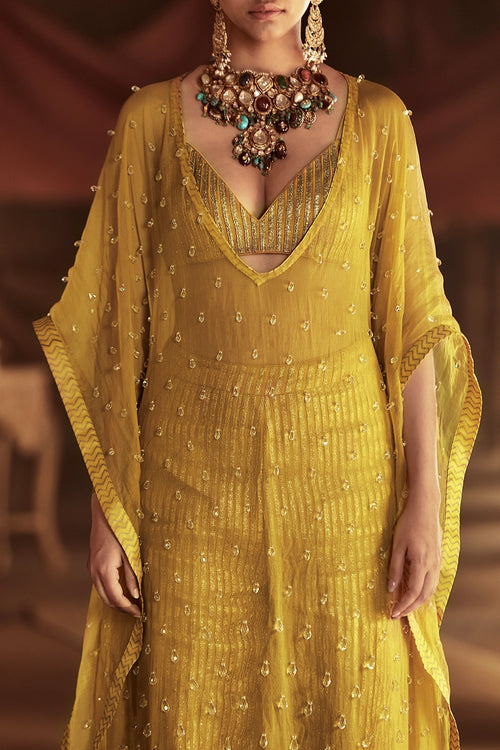 Yellow Silk Organza Kaftan Set