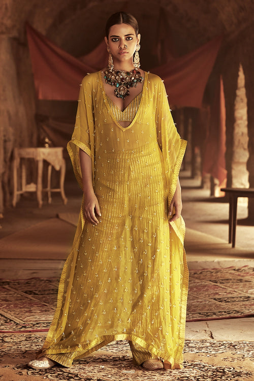 Yellow Silk Organza Kaftan Set