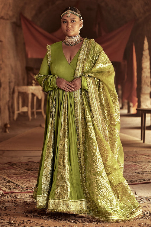 Olive Green Taheera Angrakha Set