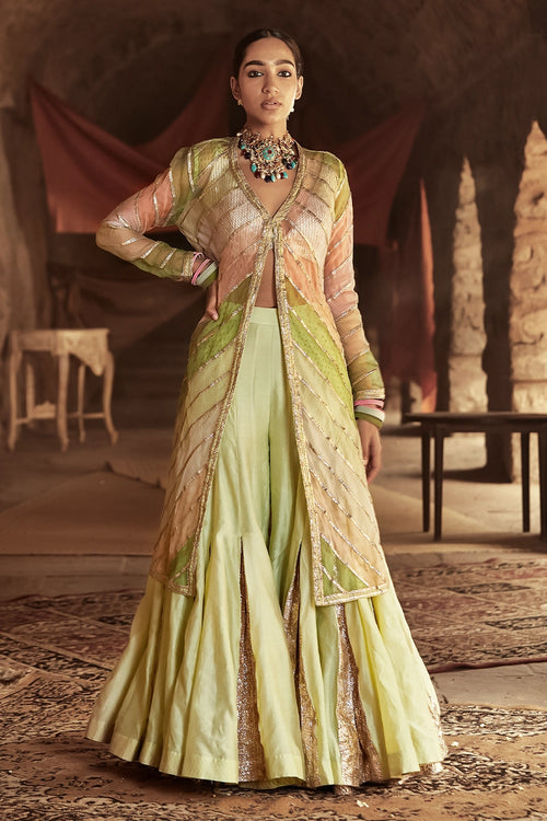 Multicolour and Mint Umeed Sharara Jacket Set