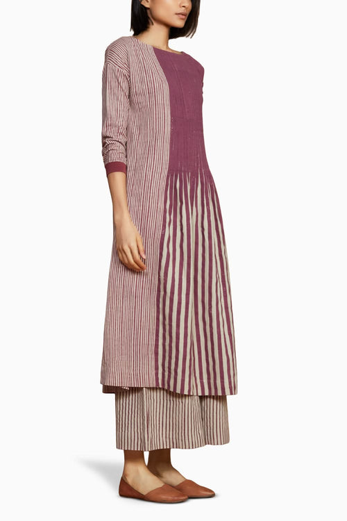 Ivory with Mauve Striped Pleated Dress