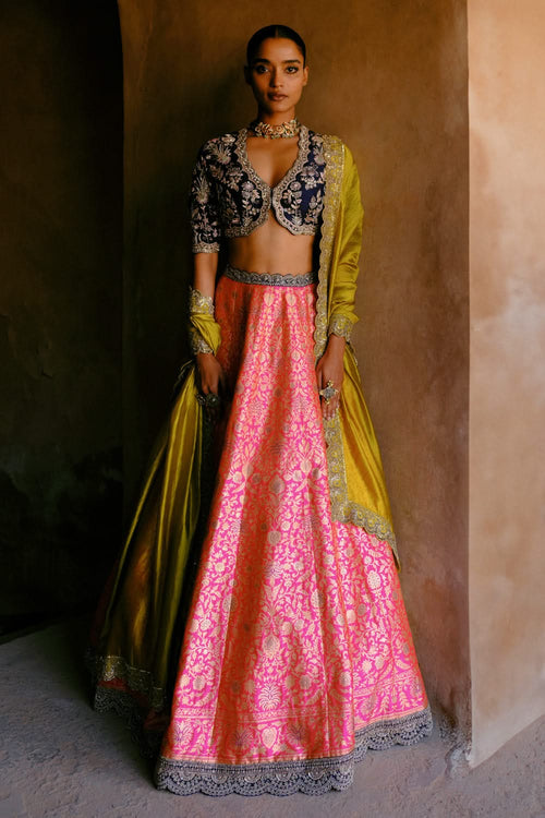 Pink and Mustard Lehenga Set
