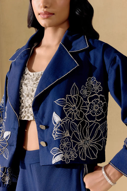 Indigo And Silver Embellished Jacket With Bustier And Pants