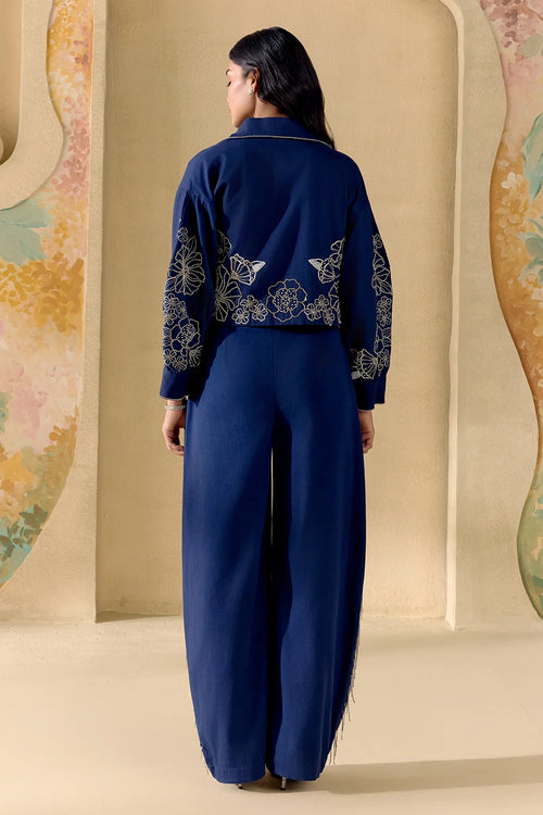 Indigo And Silver Embellished Jacket With Bustier And Pants