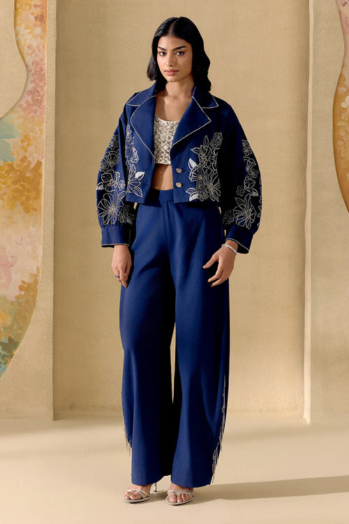 Indigo And Silver Embellished Jacket With Bustier And Pants