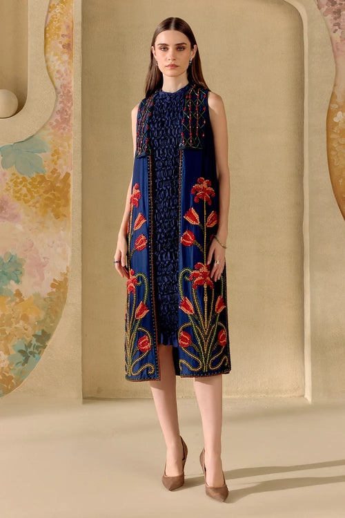 Indigo Mosaic Beadwork Long Jacket And Dress Set