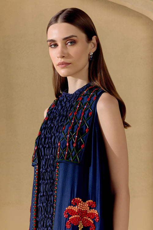 Indigo Mosaic Beadwork Long Jacket And Dress Set