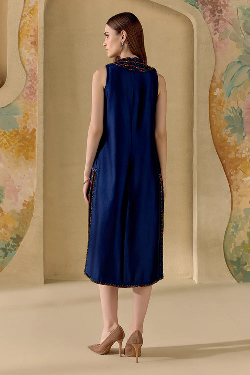 Indigo Mosaic Beadwork Long Jacket And Dress Set