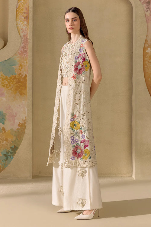 Ivory Fleur Long Jacket With Crop Top And Pants